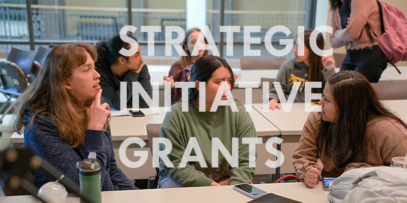 Strategic Initiative Grants text hovers over students discussing in a classroom.